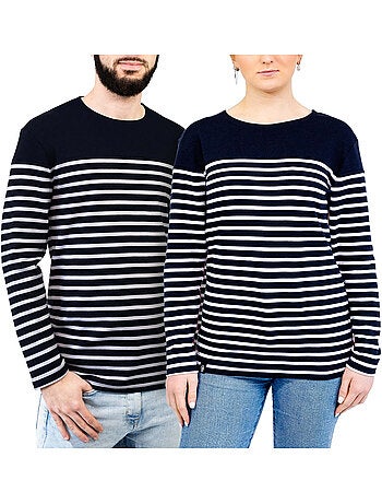 Marinière 'Breizh Océan', T-Shirt rayé Manches Longues, épais en Coton Bio - Mixte, Homme ou Femme