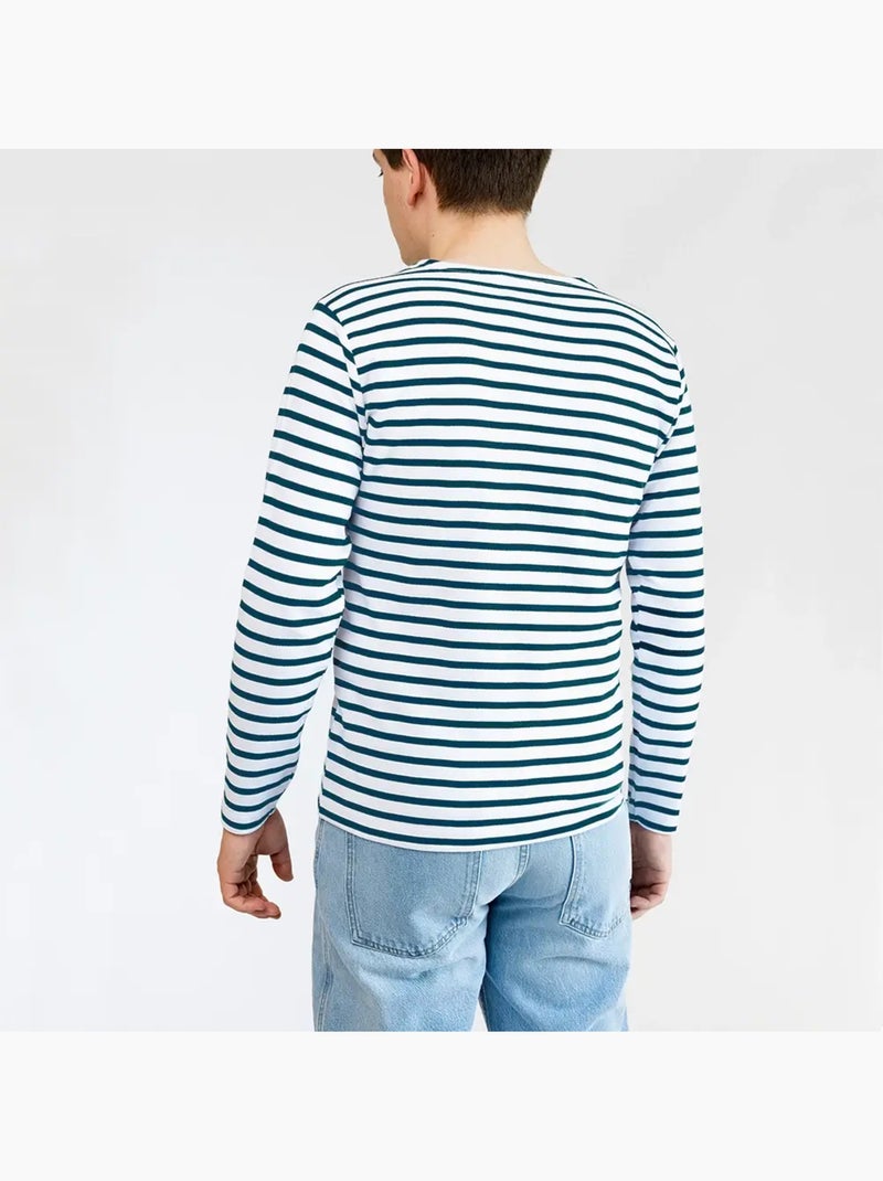 Marinière 'Breizh Océan', T-Shirt rayé mixte épais en Coton Bio, Homme ou Femme Blanc/Jean - Kiabi