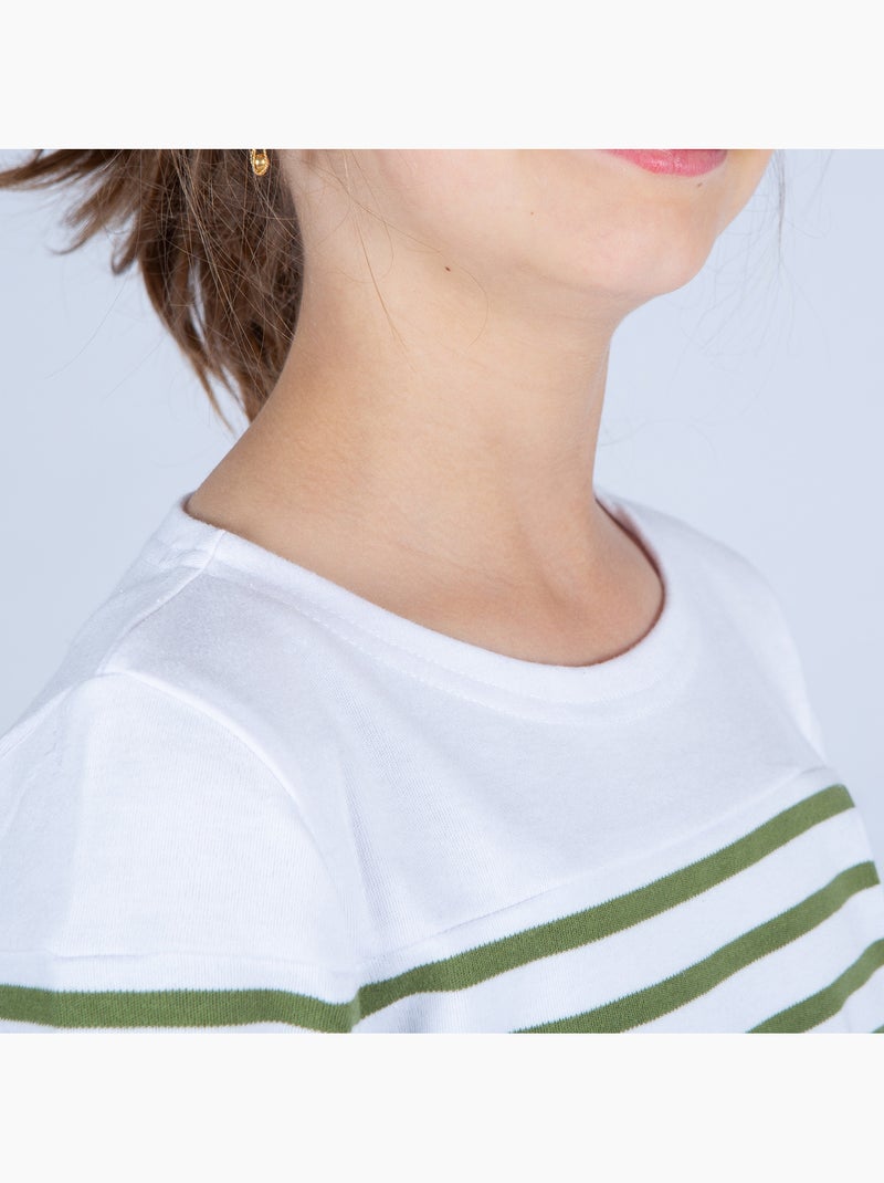 Marinière Coton BIO 'Breizh Océan', Tee Shirt Enfant Garcon ou Fille Manches Longues Blanc/Kaki - Kiabi