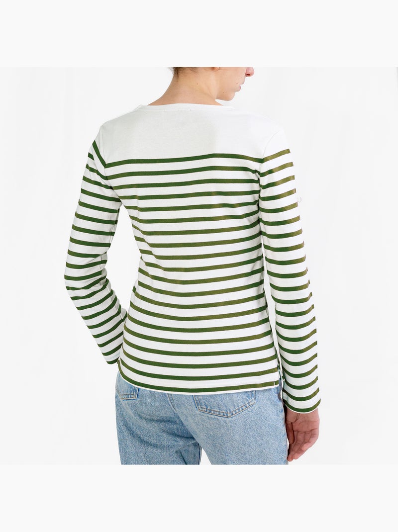 Marinière Femme Coton Bio Épais PIRIAC - Tee Shirt Manches Longues Rayé Blanc/Kaki - Kiabi