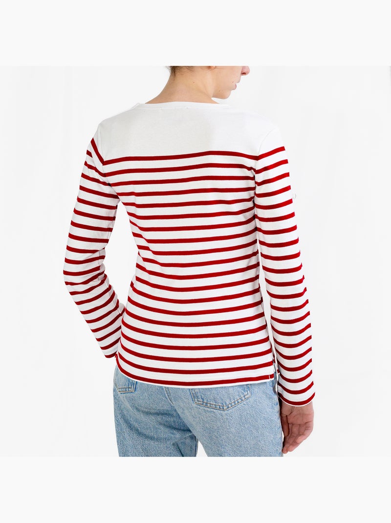 Marinière Femme Coton Bio Épais PIRIAC - Tee Shirt Manches Longues Rayé Blanc/Rouge - Kiabi