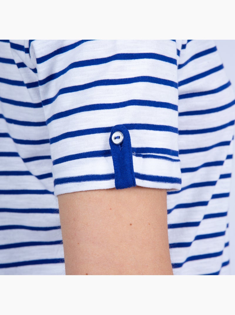 Marinière manches courtes Femme en Coton Bio 'Breizh Océan', Tshirt femme Rayé Blanc/Azur - Kiabi