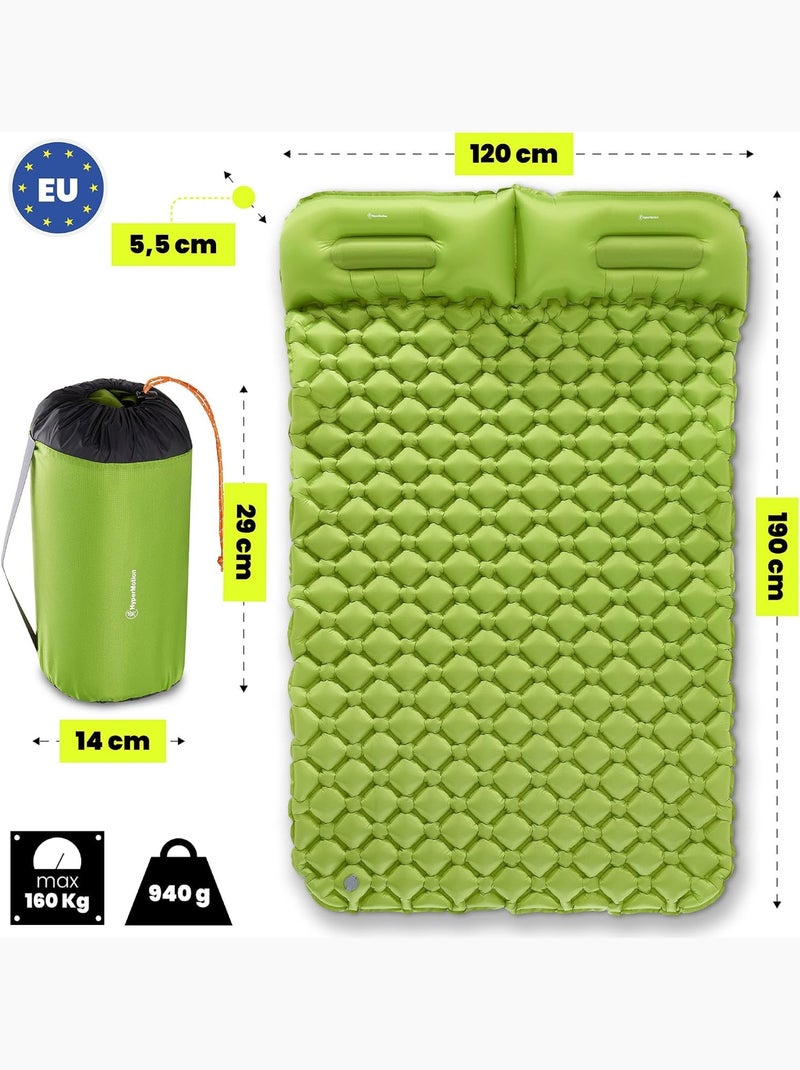Matelas de Camp Gonflable Ultraléger de Randonnée Campmat 2 Places - Oreillers Intégrés 190x120 Vert - Kiabi