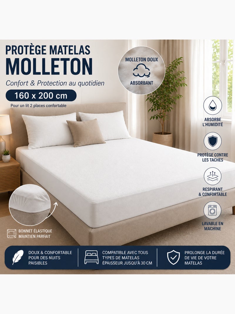 Matrasbeschermer molton 160 x 200 cm – zachtheid & dagelijkse bescherming Wit - Kiabi