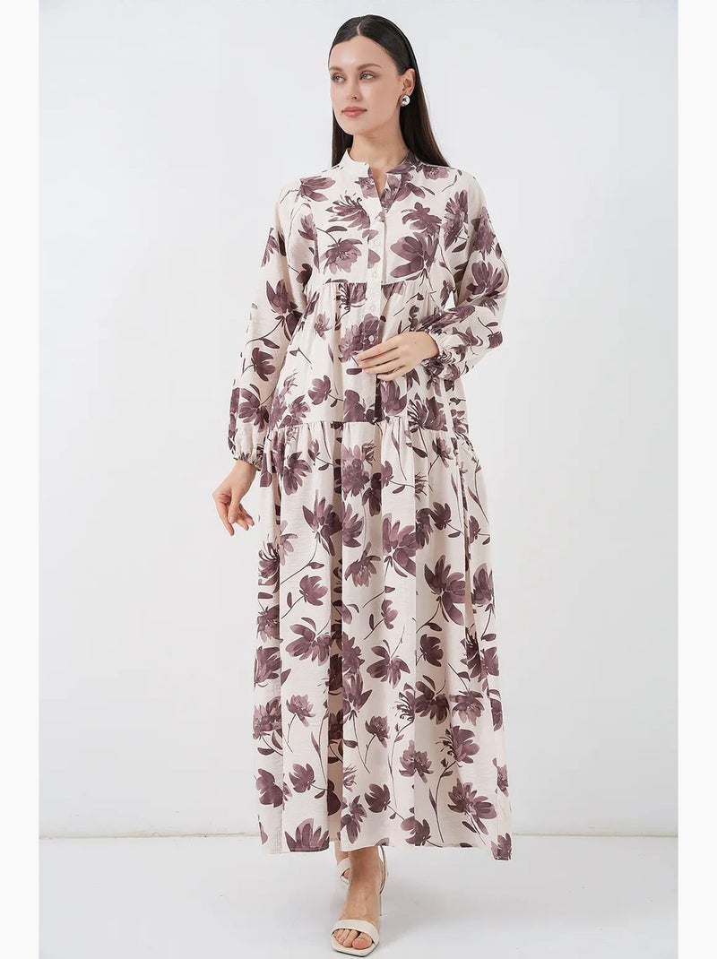 Maxi-jurk met bloemenprint en mandarijnkraag bdart Chocoladebruin - Kiabi