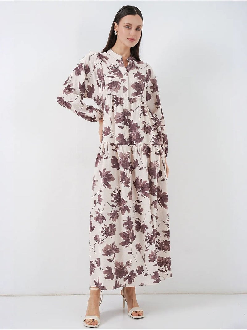 Maxi-jurk met bloemenprint en mandarijnkraag bdart Chocoladebruin - Kiabi
