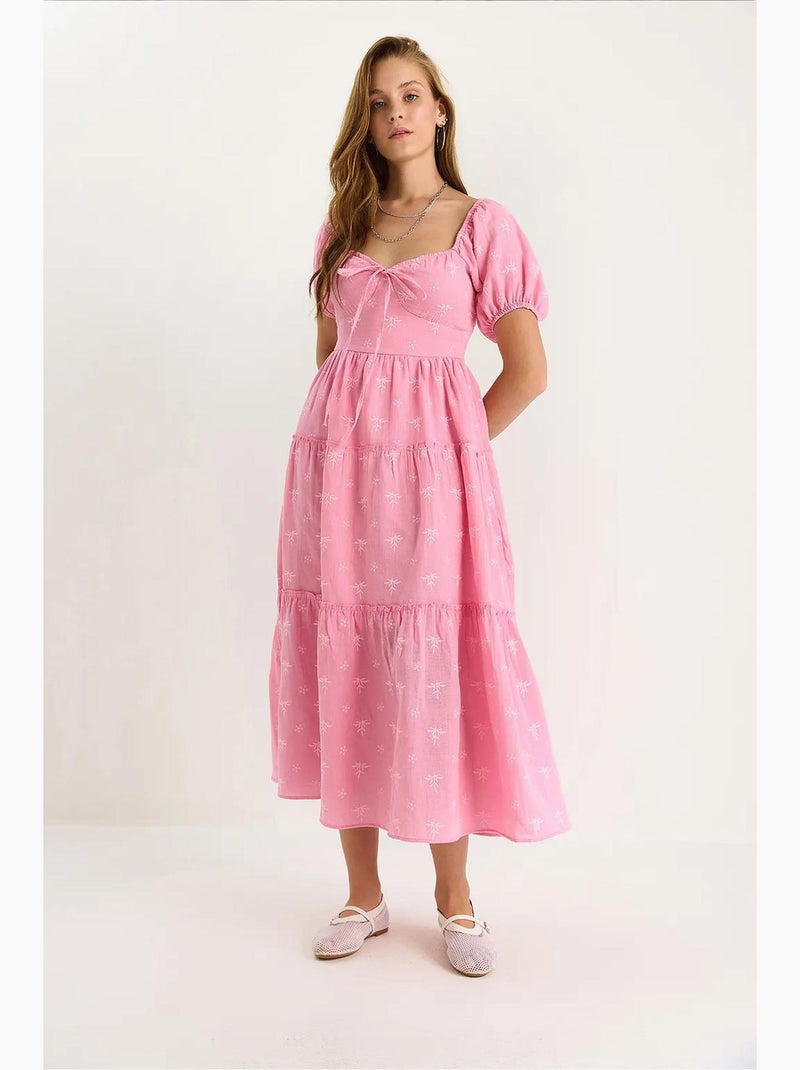 Maxi-jurk met geborduurd hartkraagje lucci Fluorroze/Solinotes - Kiabi