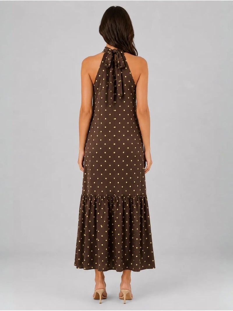 Maxi-jurk met halterhals en stippen mixray Chocoladebruin - Kiabi