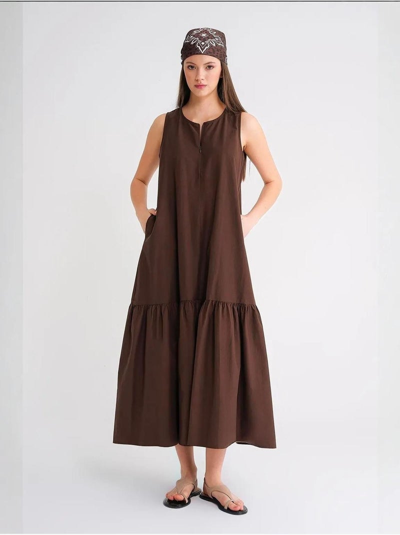 Maxi-jurk met kraag en ruchesdetails mixray Donkerbruin - Kiabi