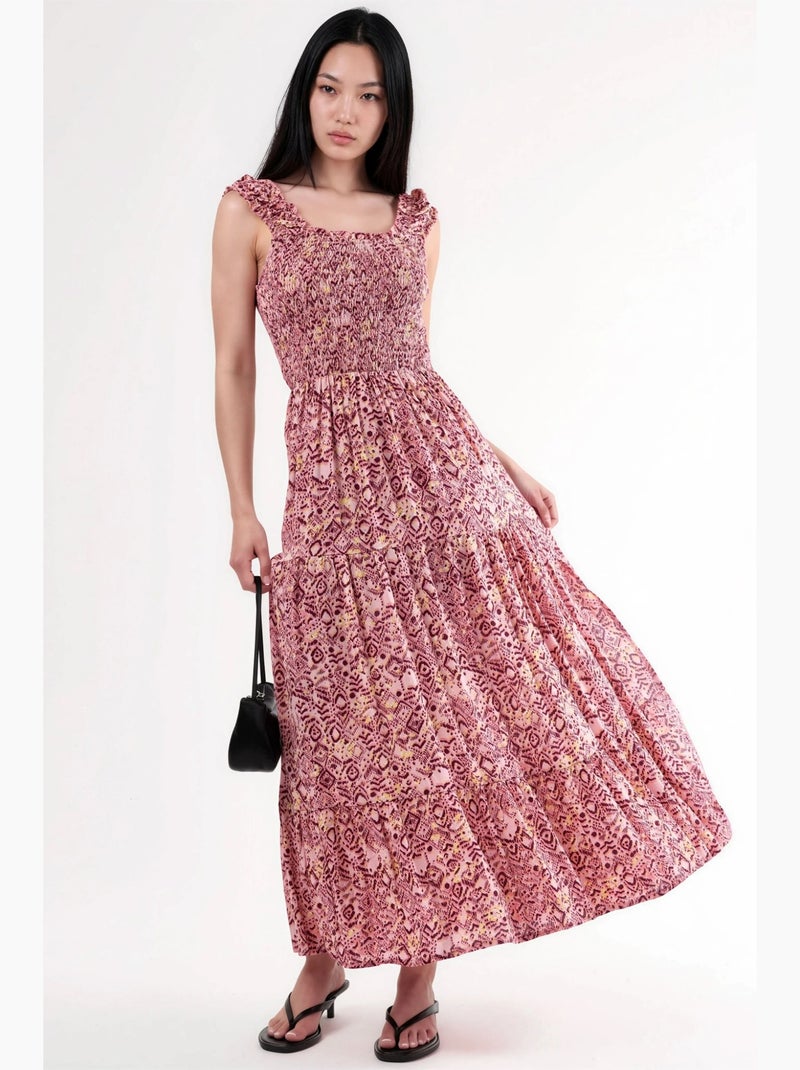 Maxi-jurk met paisleyprint en vierkante kraag busem Bordeauxrood - Kiabi
