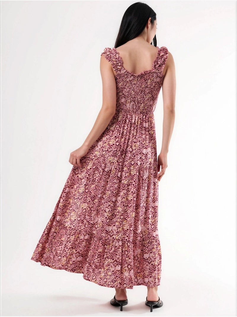 Maxi-jurk met paisleyprint en vierkante kraag busem Bordeauxrood - Kiabi