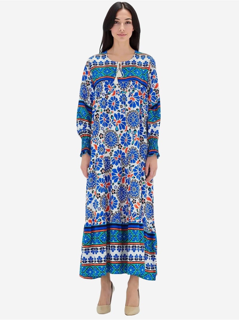 Maxi-jurk met patroon en strikdetail bdart Saffierblauw - Kiabi