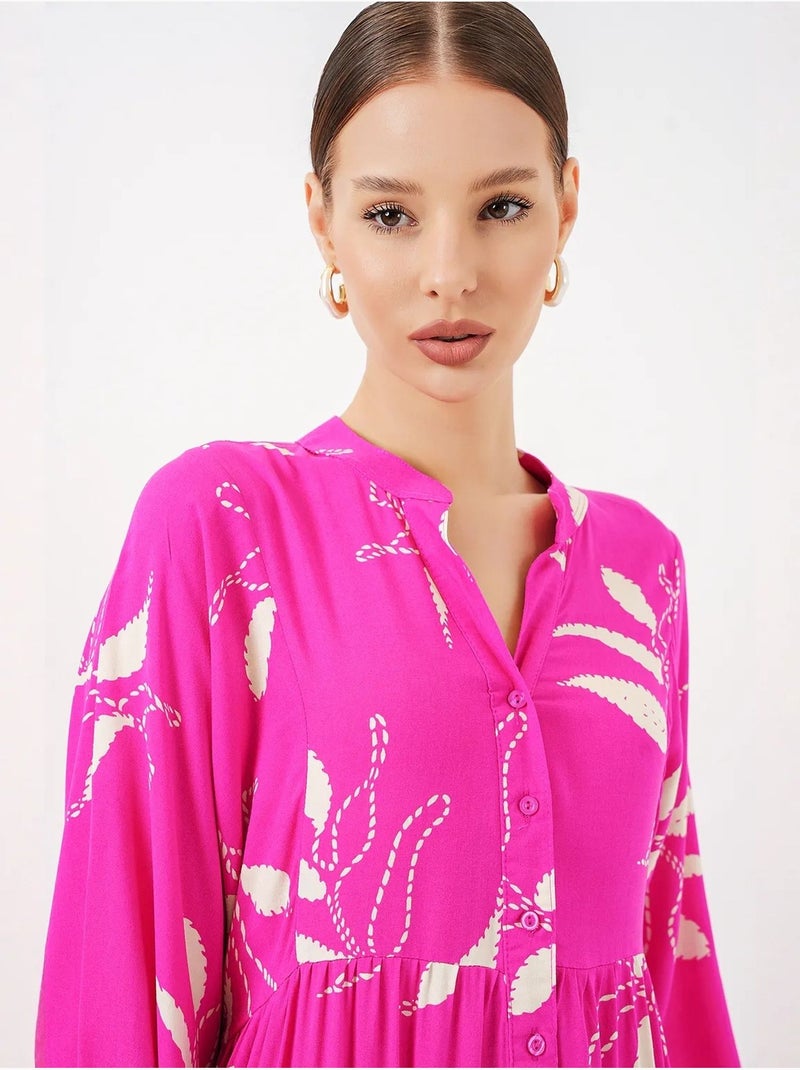 Maxi-jurk met patroon en v-hals bdart Fluorroze/Solinotes - Kiabi