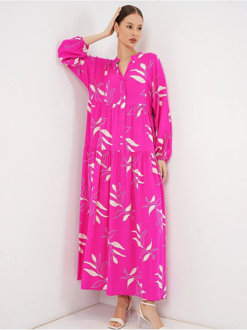 Maxi-jurk met patroon en v-hals bdart Fluorroze/Solinotes - Kiabi