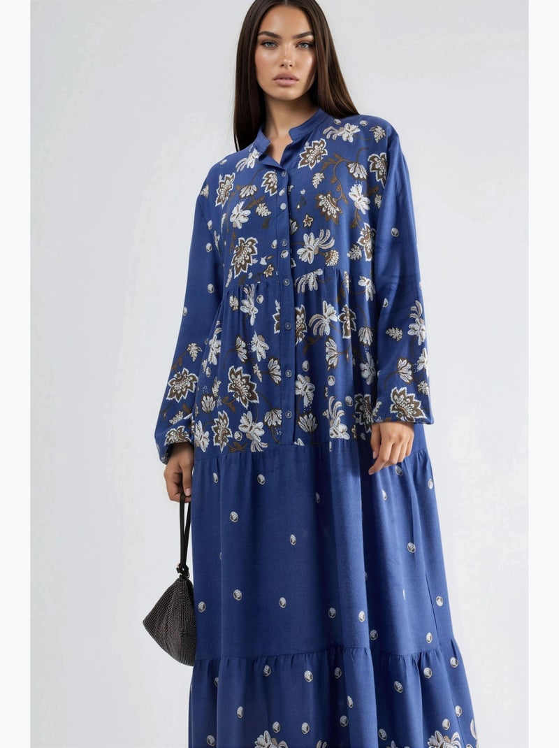Maxi-jurk met patroon en v-hals hiccup Blauw - Kiabi
