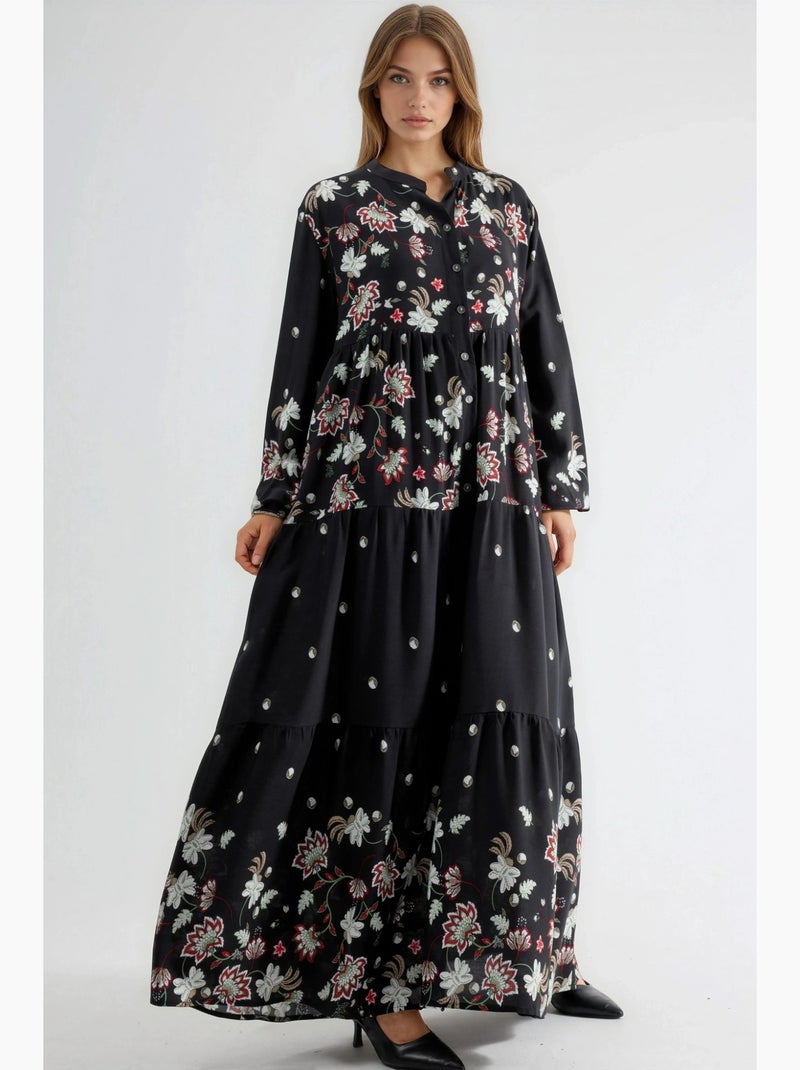 Maxi-jurk met patroon en v-hals hiccup Zwart - Kiabi