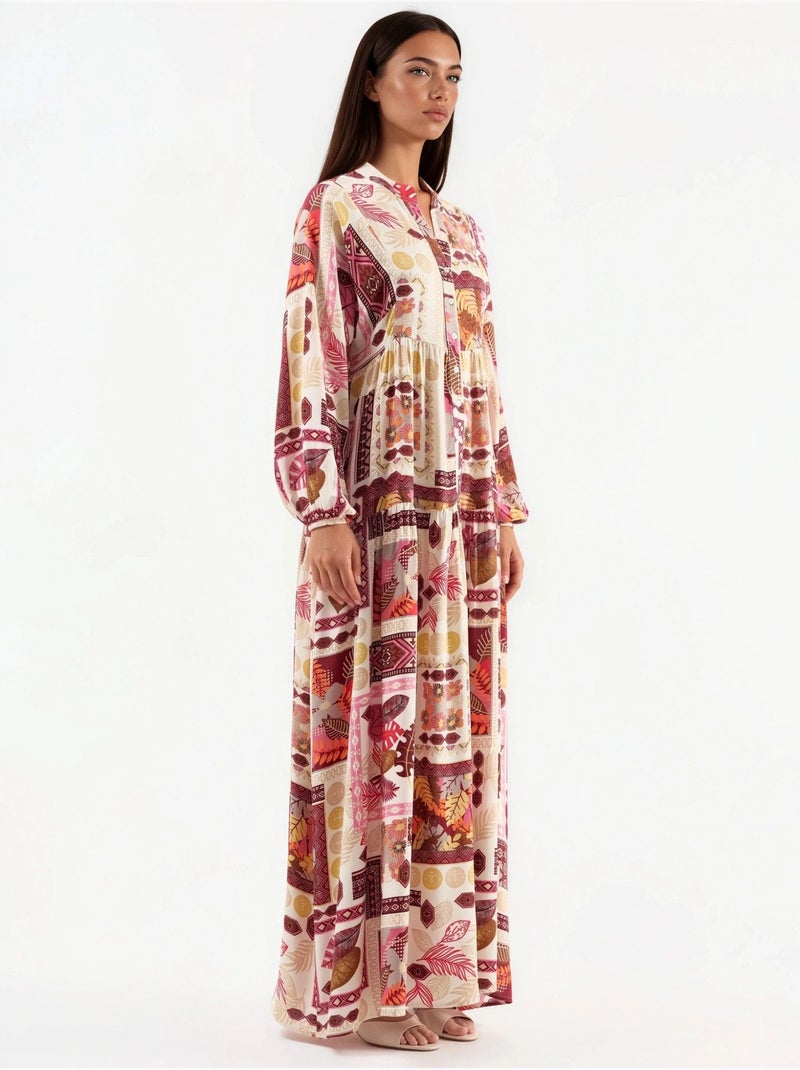 Maxi-jurk met v-hals en patroon hiccup Bordeauxrood - Kiabi