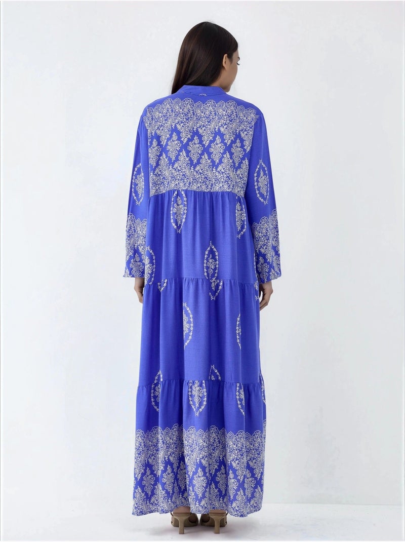 Maxi-jurk met v-hals, patroon en knoopsluiting hiccup Electrisch blauw - Kiabi