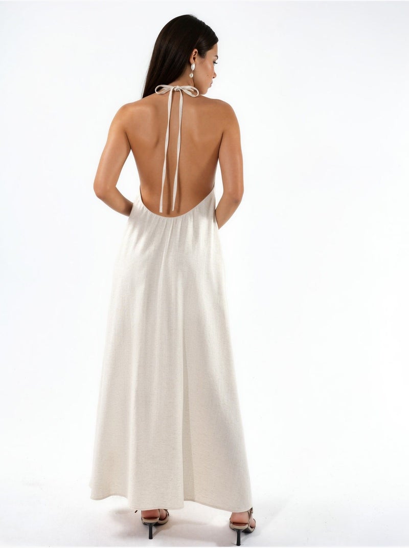Maxi-jurk van linnenmix met halternek hiccup Natuurlijk beige - Kiabi