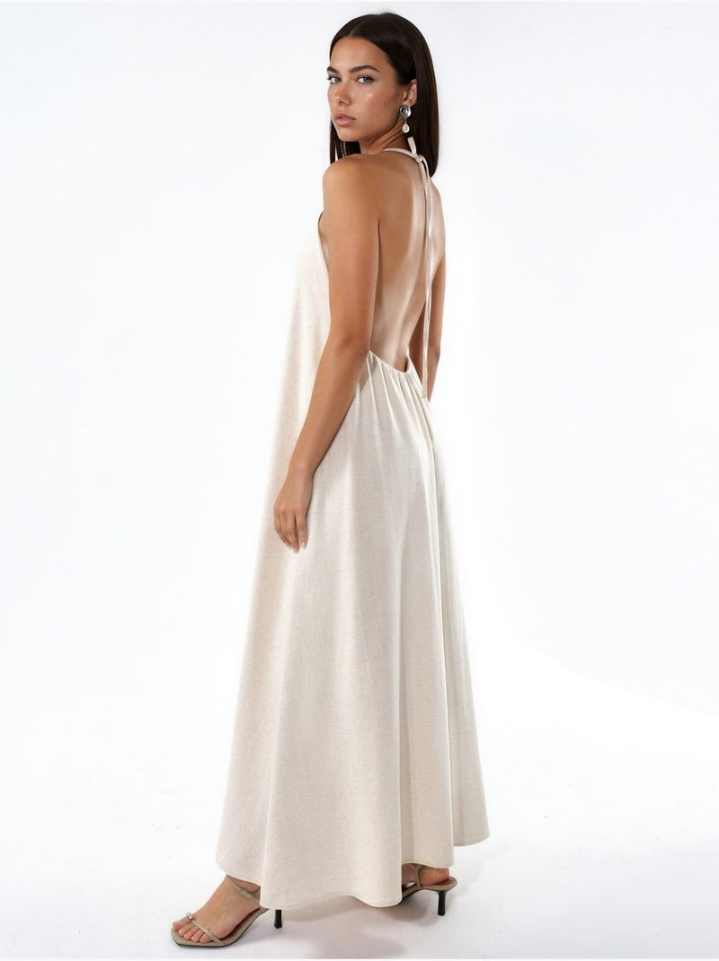 Maxi-jurk van linnenmix met halternek hiccup Natuurlijk beige - Kiabi