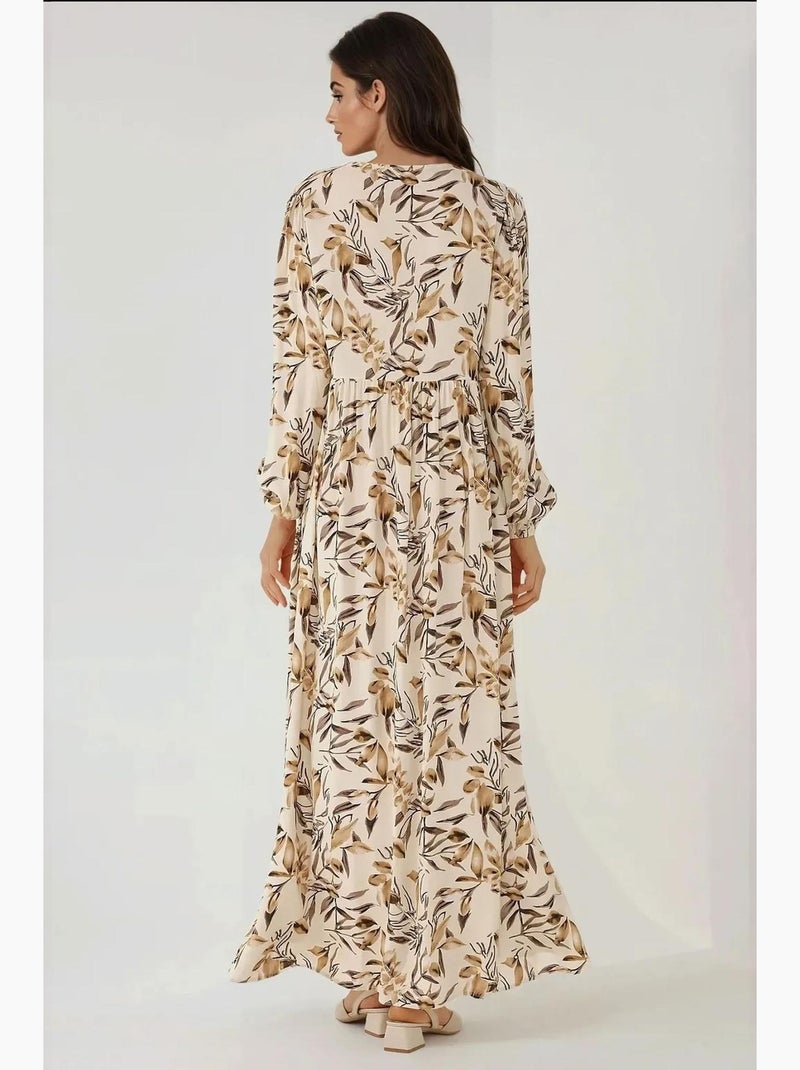 Maxi-jurk van viscose met bloemenprint en lange mouwen hiccup Natuurlijk beige - Kiabi