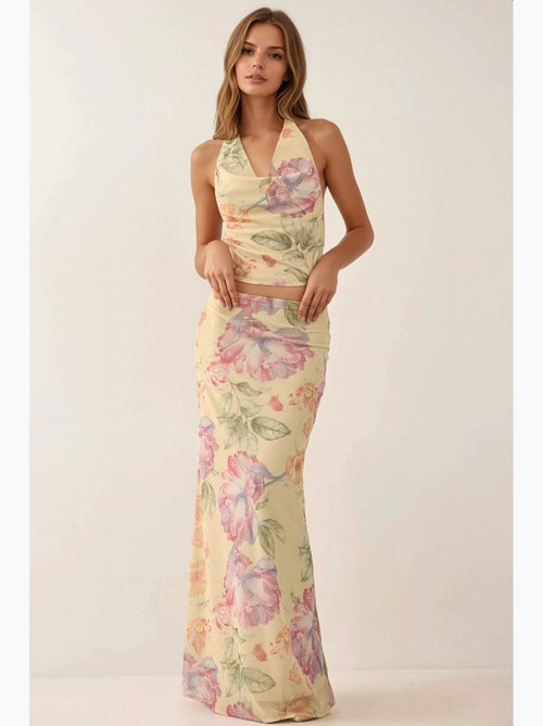 Maxi-rok met bloemenprint en lage taille hiccup - Kiabi