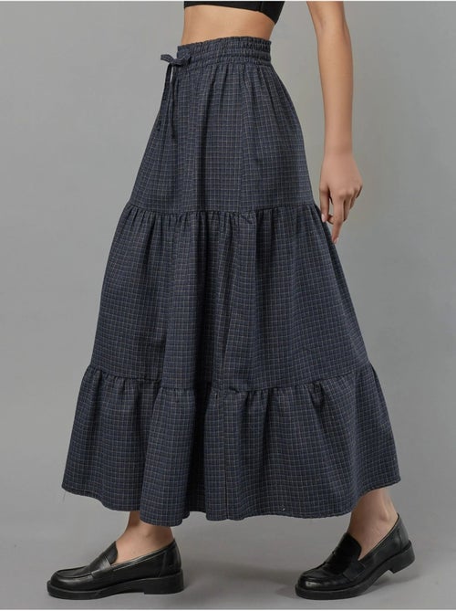 Maxi-rok met elastische taille, ruitdessin, knoopdetail en gelaagde stroken hiccup - Kiabi