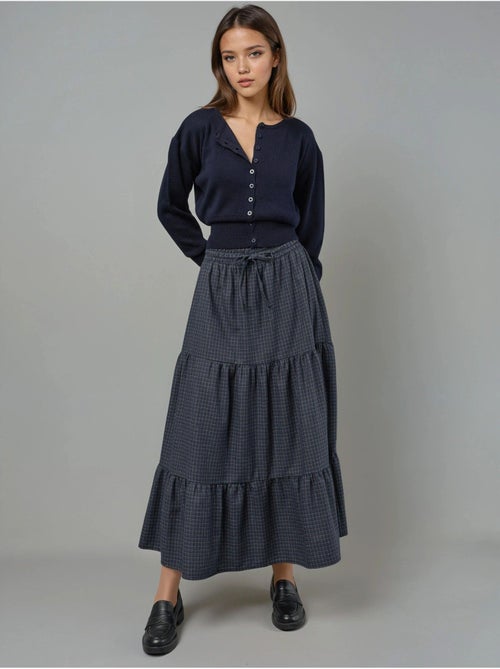 Maxi-rok met elastische taille, ruitdessin, knoopdetail en gelaagde stroken hiccup - Kiabi