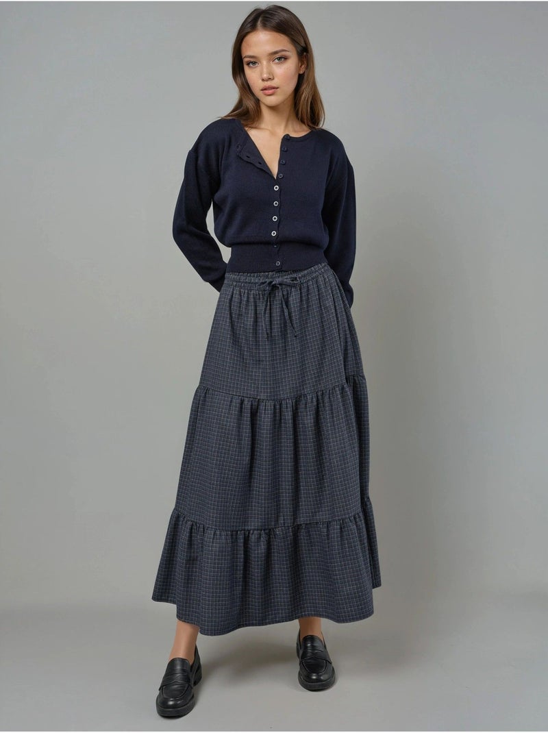 Maxi-rok met elastische taille, ruitdessin, knoopdetail en gelaagde stroken hiccup Lagonblauw - Kiabi