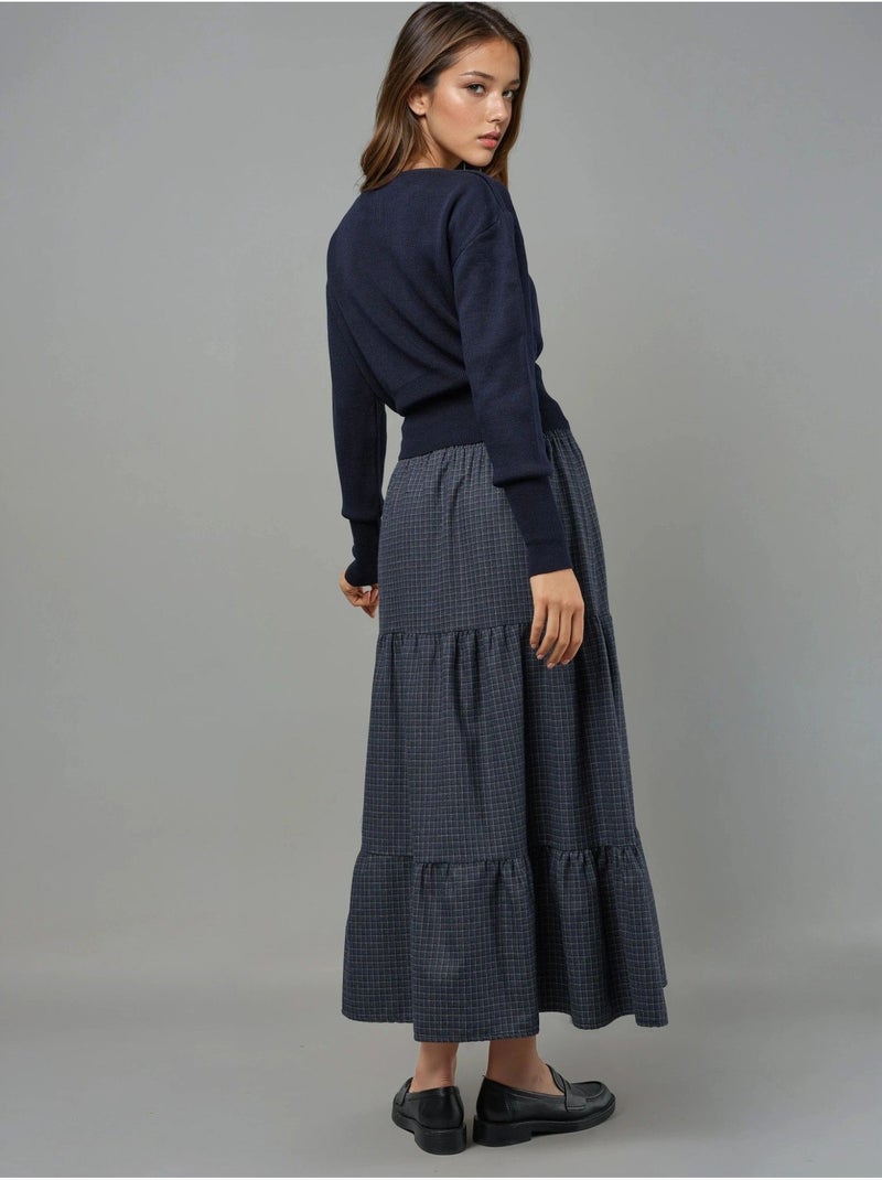 Maxi-rok met elastische taille, ruitdessin, knoopdetail en gelaagde stroken hiccup Lagonblauw - Kiabi