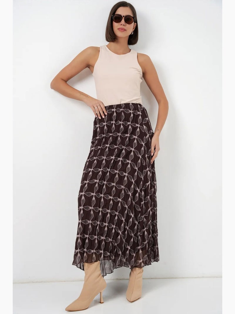 Maxi-rok met hoge taille en geometrische vormen bdart Chocoladebruin - Kiabi
