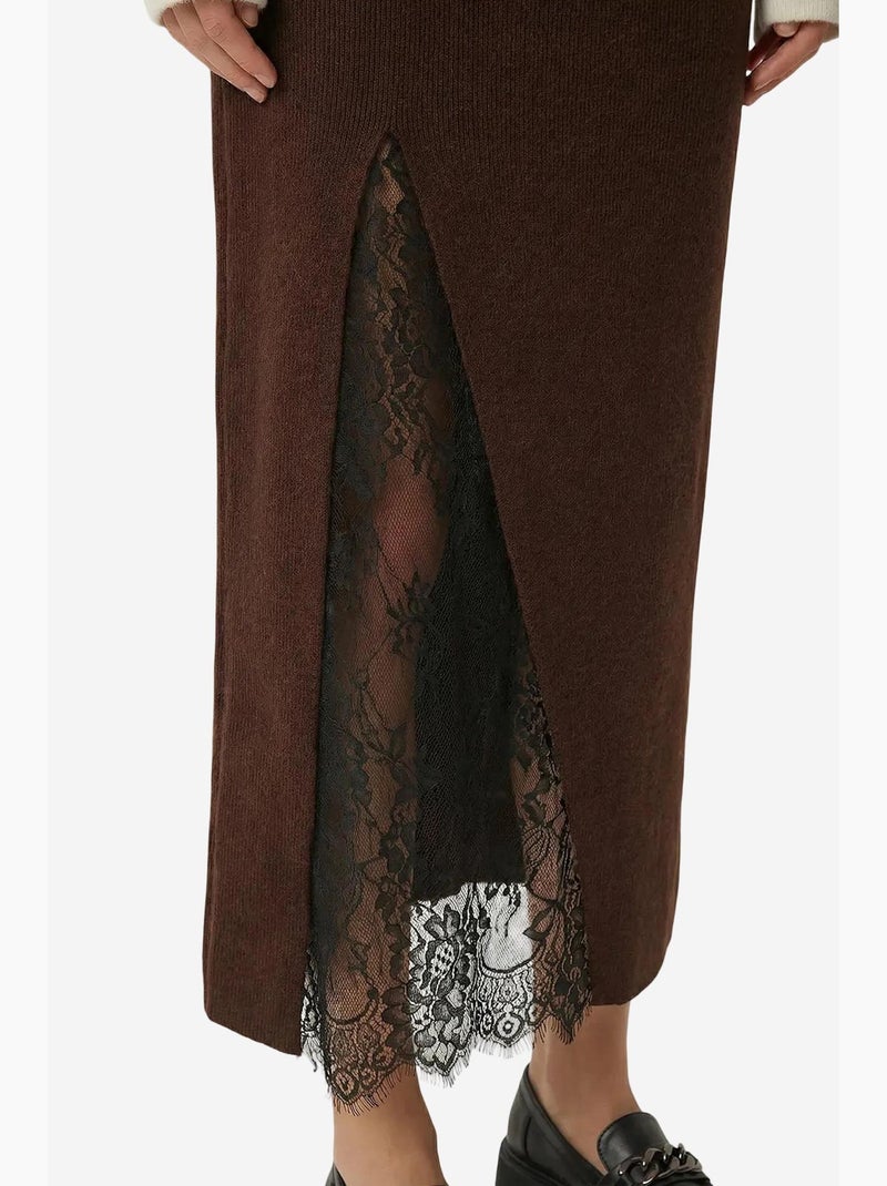 Maxi-rok met hoge taille en kant istanbul Chocoladebruin - Kiabi
