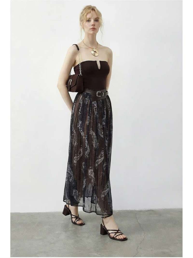Maxi-rok met hoge taille en paisleyprint, inclusief riem. Lucci Marineblauw - Kiabi