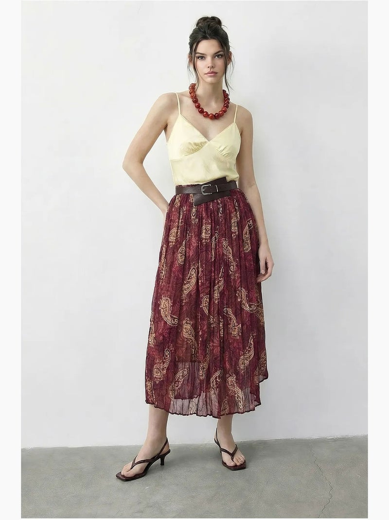 Maxi-rok met hoge taille en paisleyprint, inclusief riem. Lucci Mauve - Kiabi
