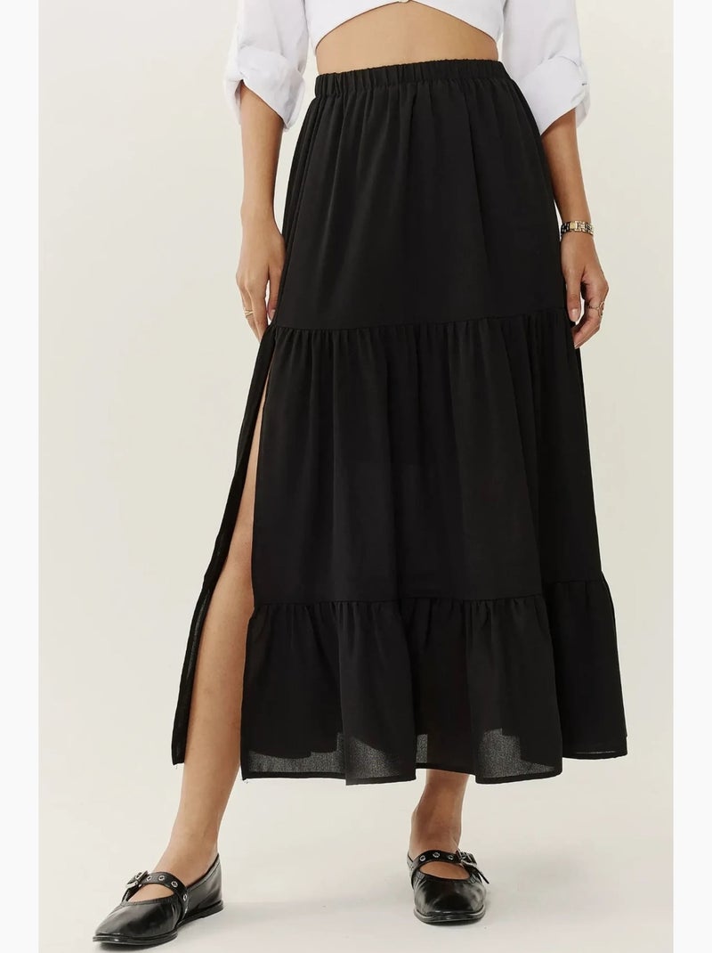 Maxi-rok met hoge taille en split hiccup Zwart - Kiabi