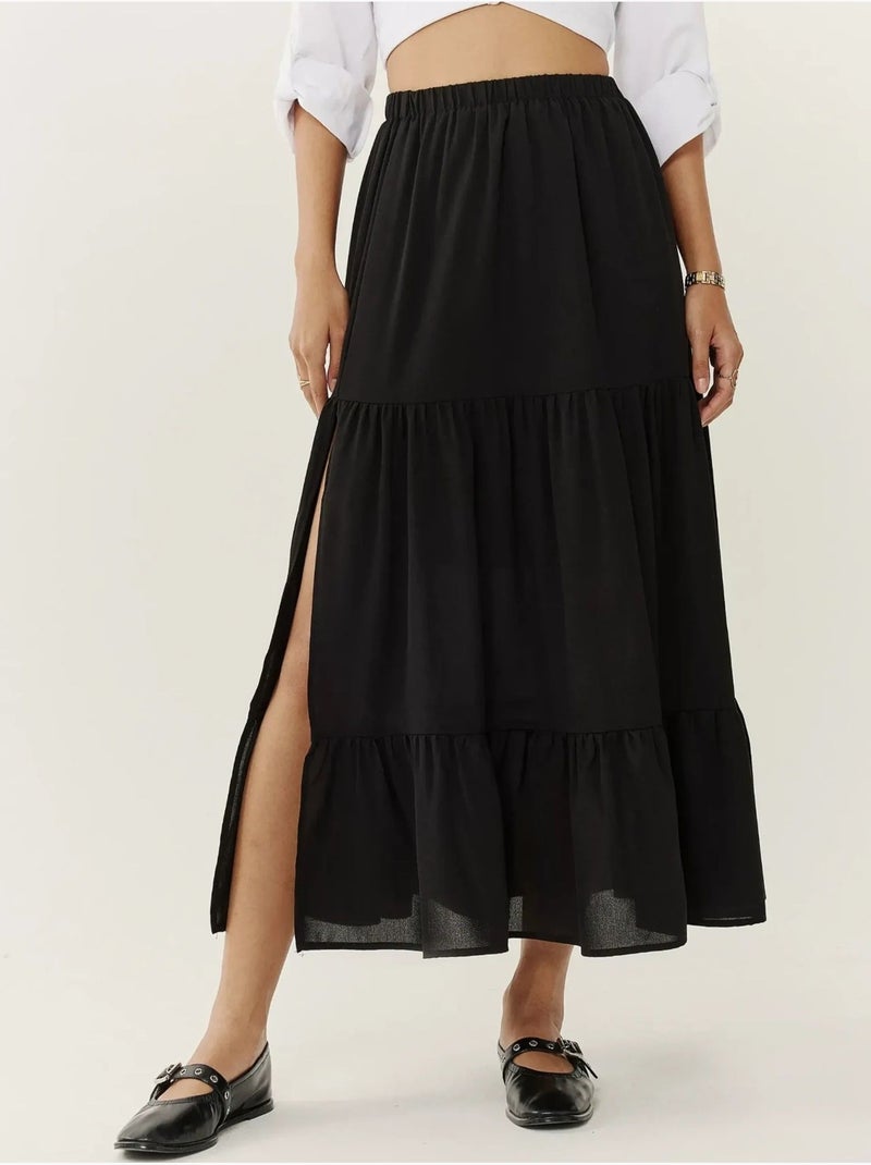 Maxi-rok met hoge taille en split Zwart - Kiabi