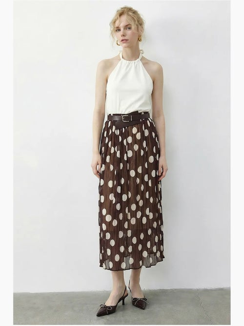 Maxi-rok met hoge taille en stippenpatroon, inclusief riem lucci - Kiabi