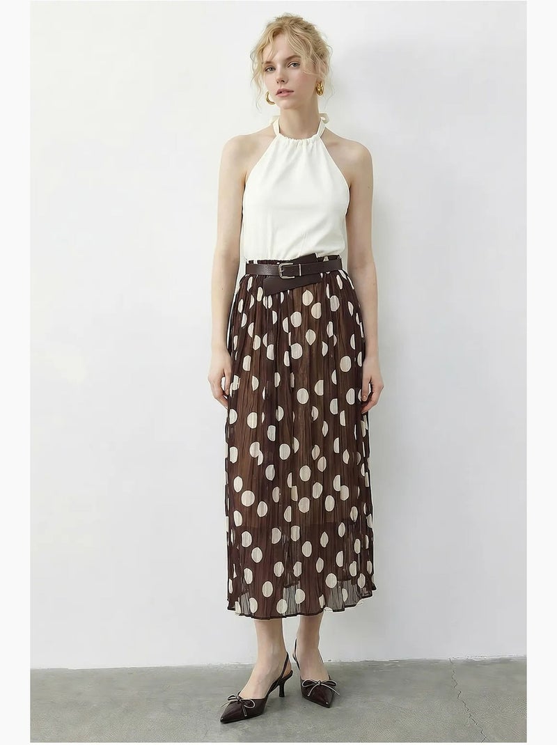 Maxi-rok met hoge taille en stippenpatroon, inclusief riem lucci Chocoladebruin - Kiabi