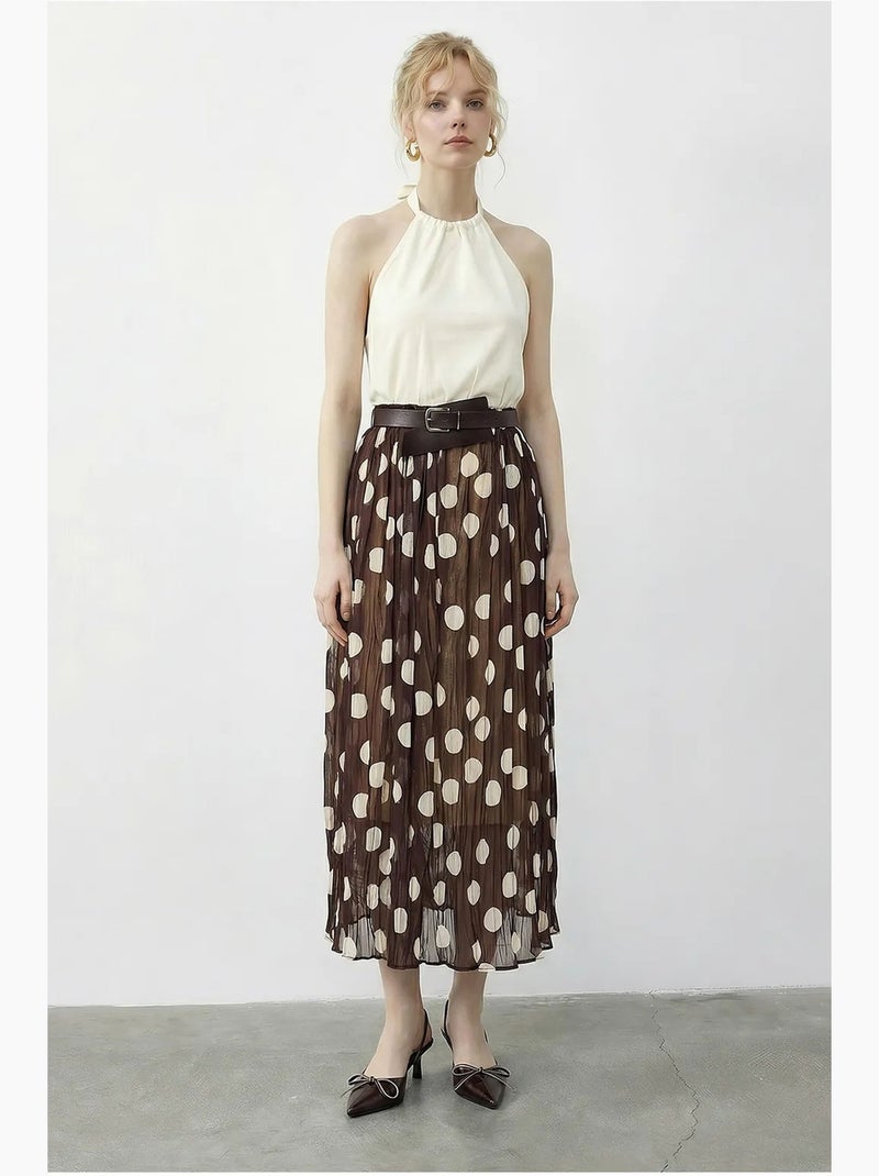 Maxi-rok met hoge taille en stippenpatroon, inclusief riem lucci Chocoladebruin - Kiabi