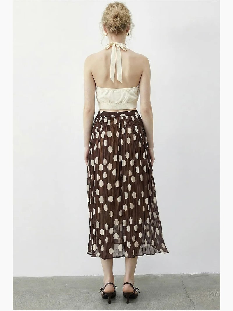 Maxi-rok met hoge taille en stippenpatroon, inclusief riem lucci Chocoladebruin - Kiabi