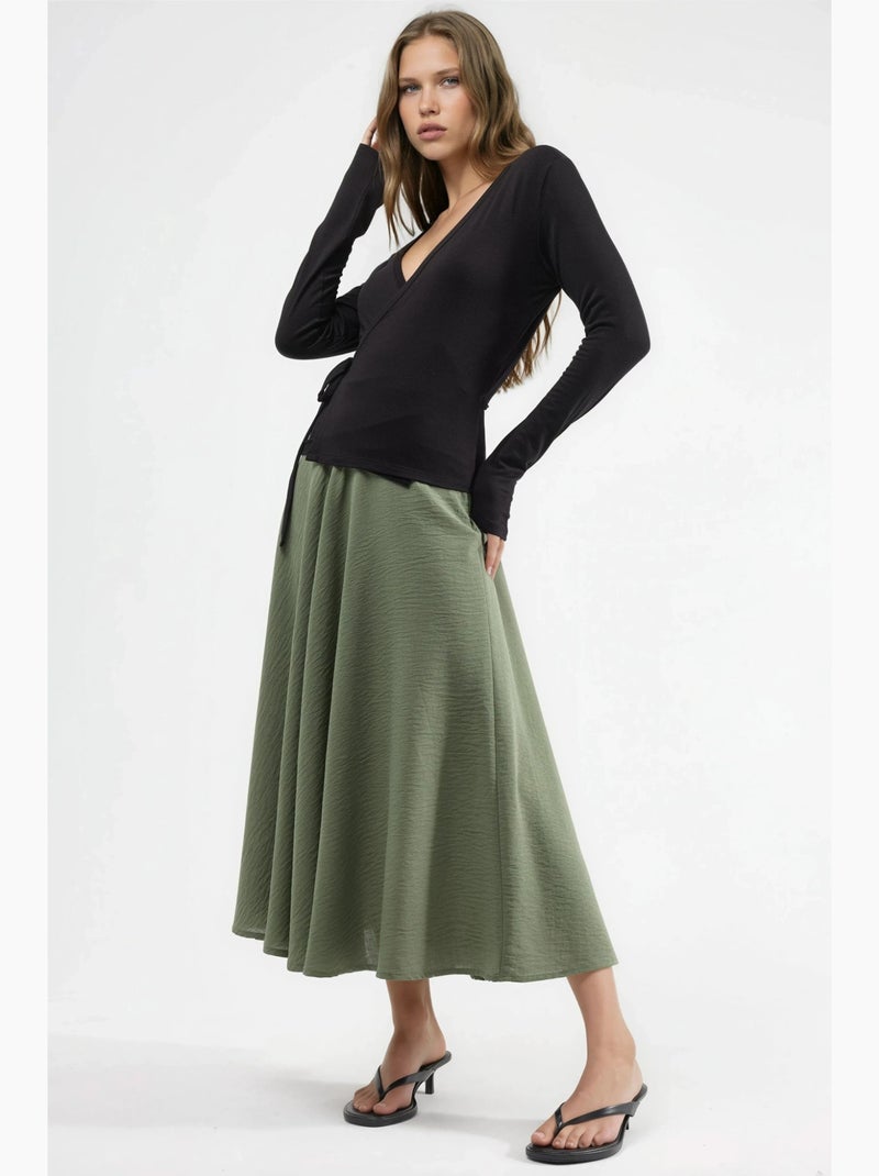 Maxi-rok met hoge taille en textuur in a-lijn busem Kaki - Kiabi