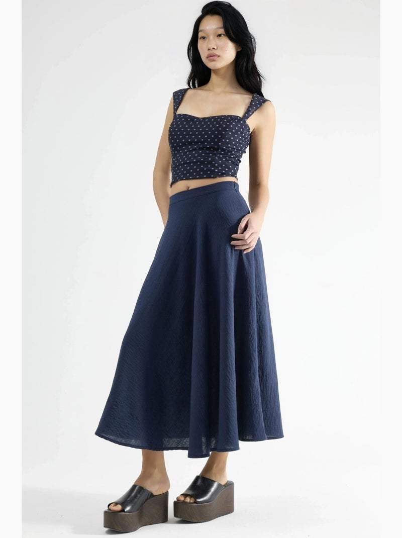 Maxi-rok met hoge taille en textuur in a-lijn busem Marineblauw - Kiabi