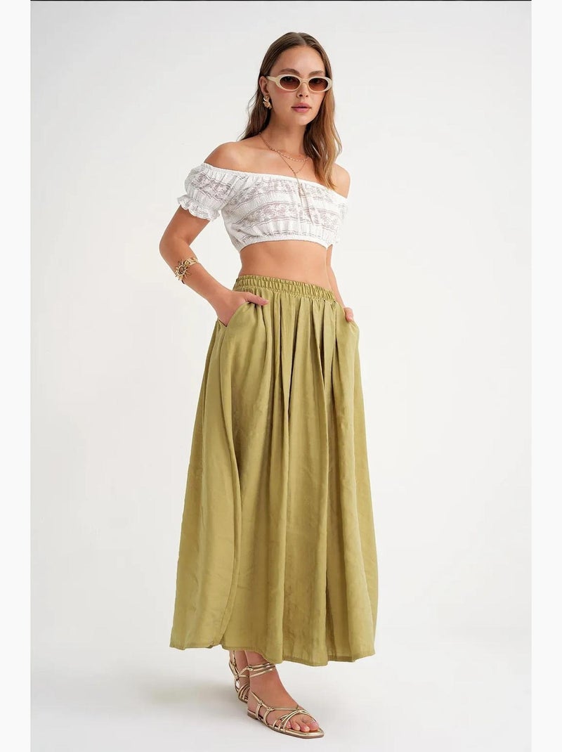 Maxi-rok met hoge taille en trekkoord in de taille mixray Kakigroen - Kiabi