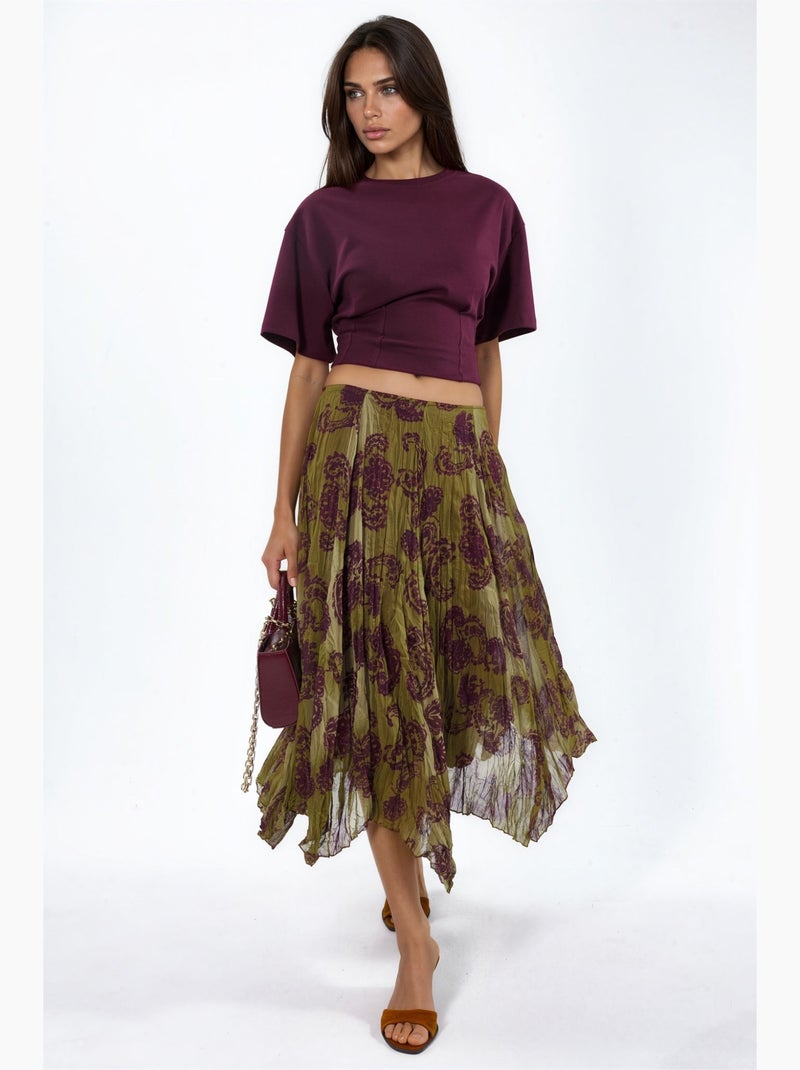 Maxi rok van chiffon met paisleyprint en hoge taille busem Kaki - Kiabi
