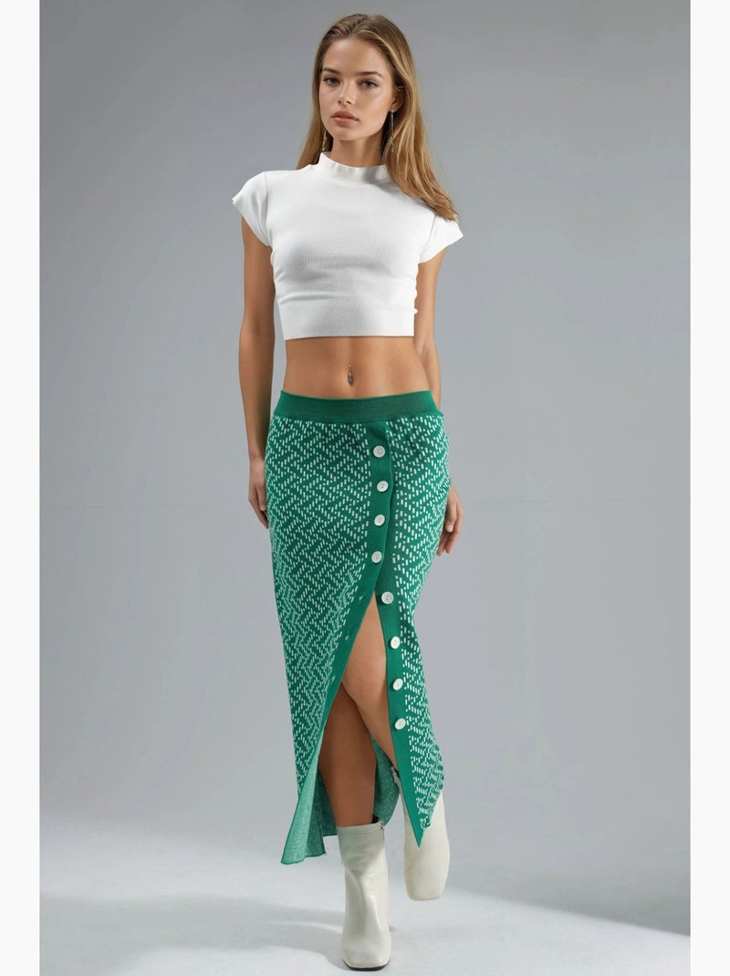 Maxi-rok van geometrisch breisel met hoge taille en knoopsluiting my fashion Donkergroen - Kiabi