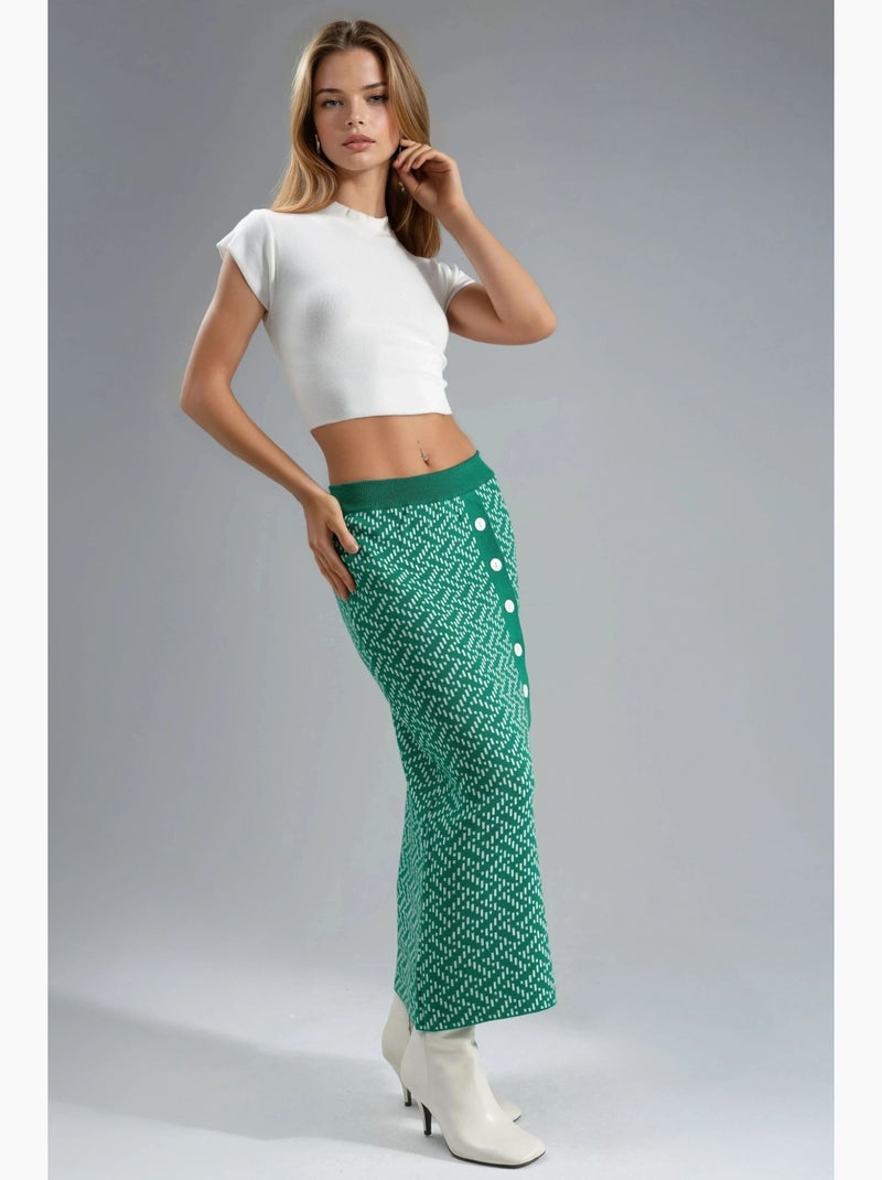 Maxi-rok van geometrisch breisel met hoge taille en knoopsluiting my fashion Donkergroen - Kiabi