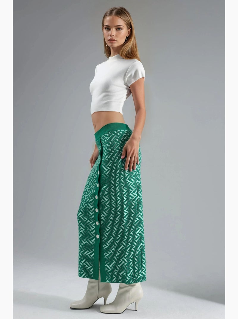 Maxi-rok van geometrisch breisel met hoge taille en knoopsluiting my fashion Donkergroen - Kiabi