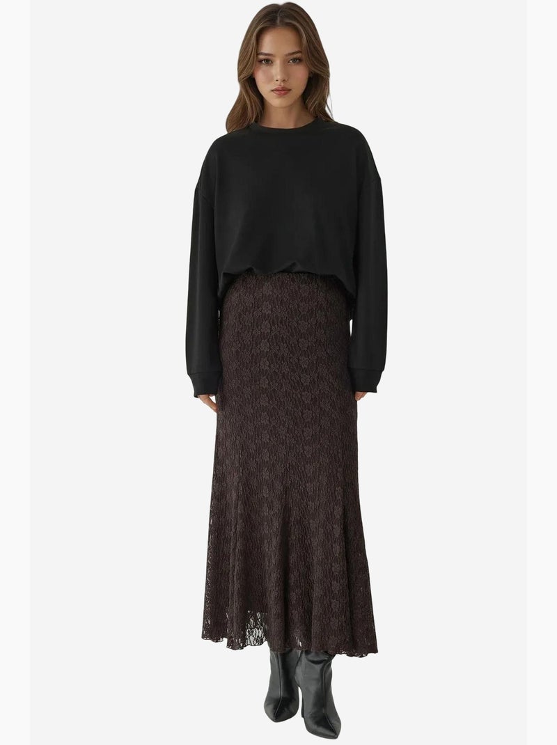 Maxi-rok van kant met hoge taille hiccup Donkerbruin - Kiabi