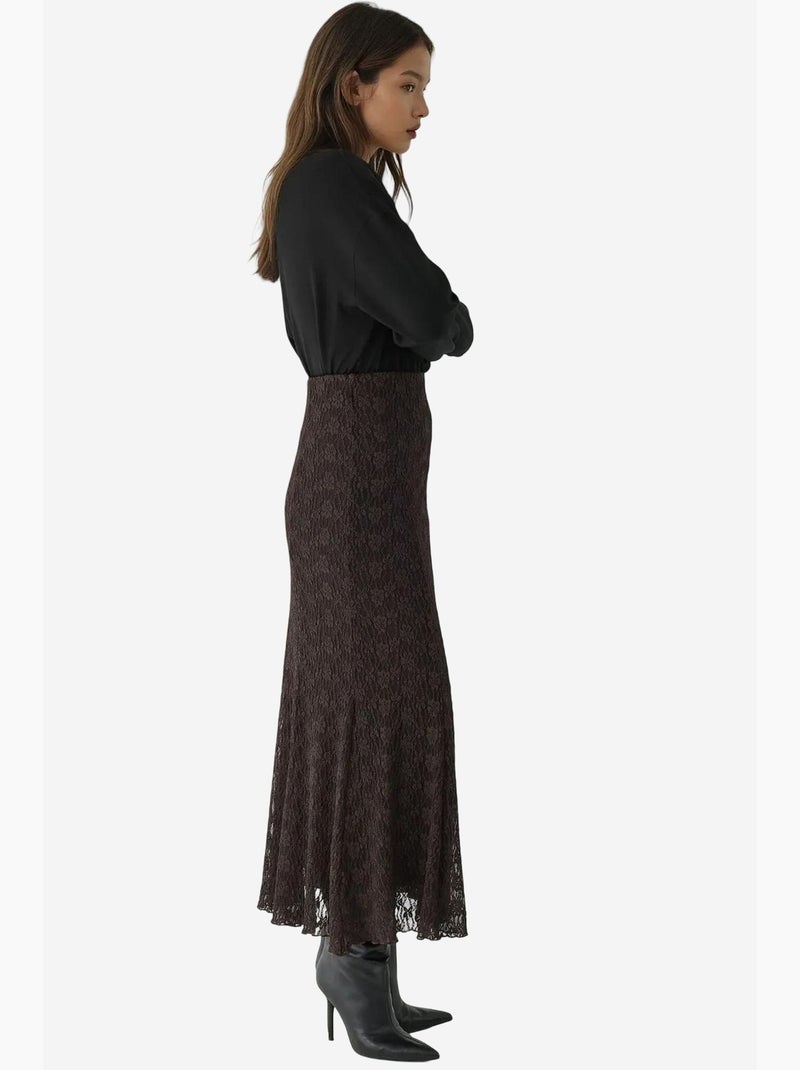 Maxi-rok van kant met hoge taille hiccup Donkerbruin - Kiabi