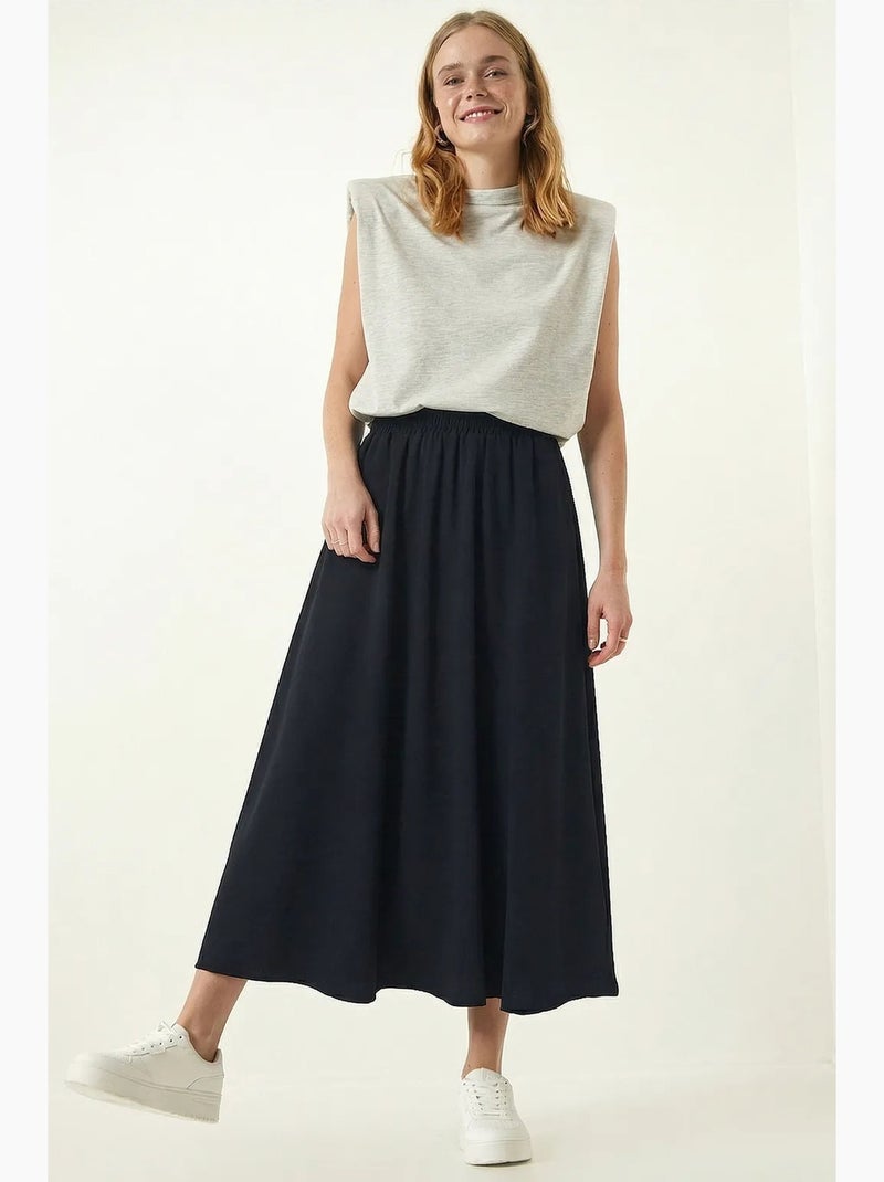 Maxi skaterrok met hoge taille en zakken istanbul Marineblauw - Kiabi